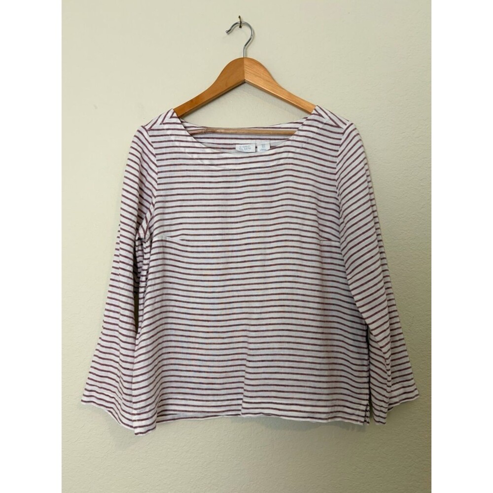 Singrid Olsen 100% Linen White and Red Stripe Longsleeve Minimalist Chic Blouse